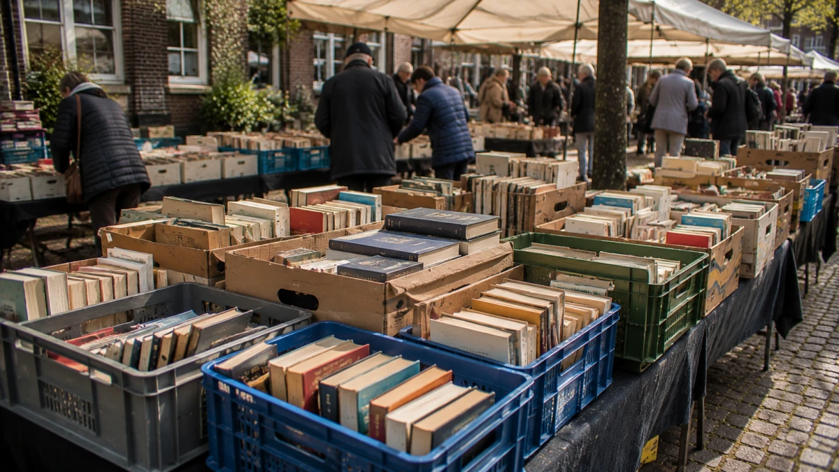 Symbolisches Event-Visual für Bücher- oder Boekenmarkt mit Büchertischen und ruhiger Marktstimmung.