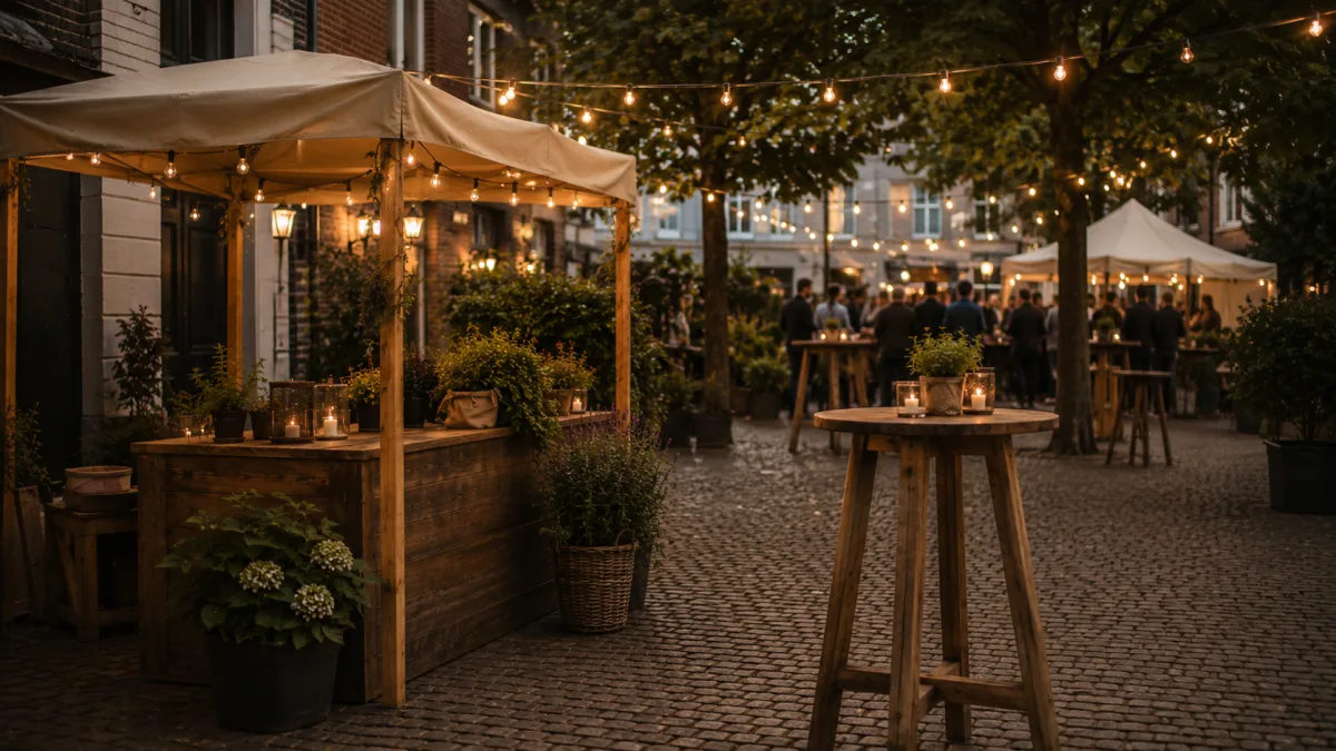 Symbolisches Stadtfest-Visual mit Zelt, Lichtern, Stehtischen und kleinstädtischer Innenstadtatmosphäre.