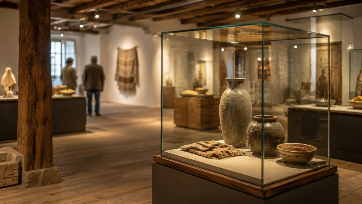 Symbolisches Kultur- und Ausstellungs-Visual mit ruhigem Galerieraum, Skulpturen, Vitrine und warmer Lichtstimmung.