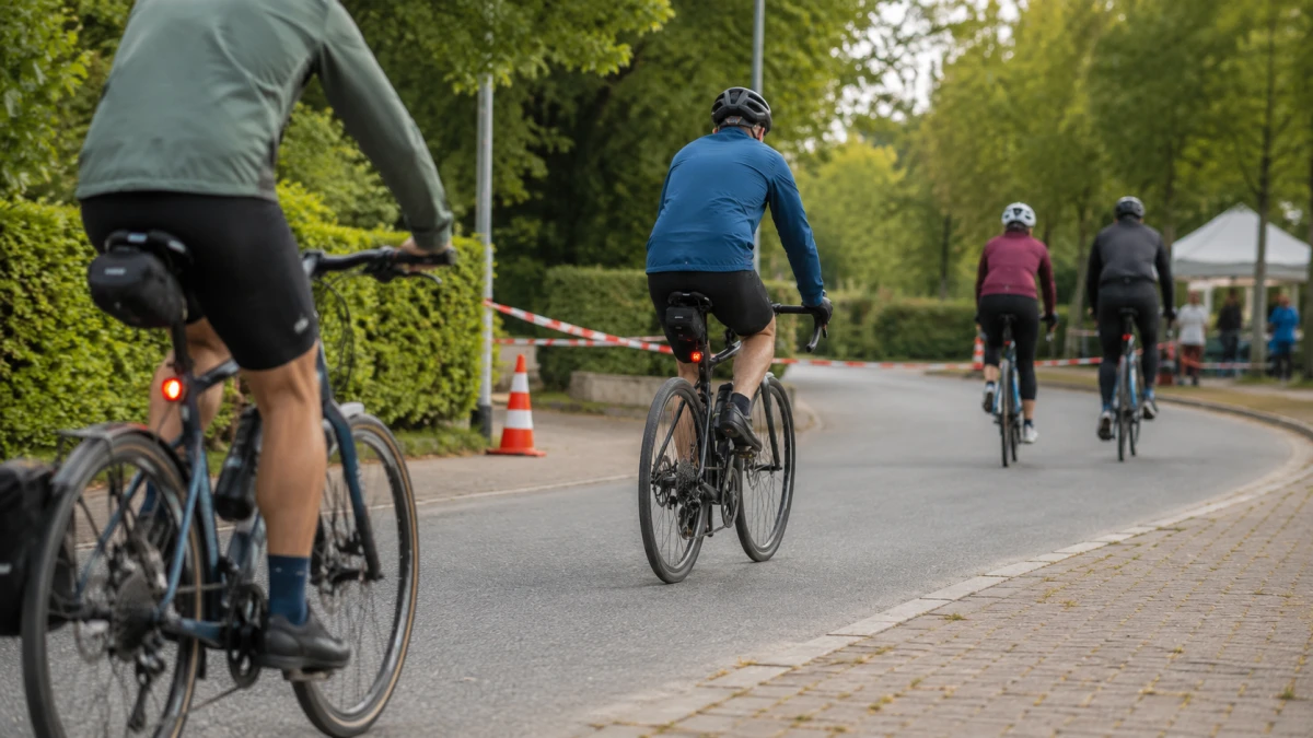 Symbolisches Event-Visual für Radveranstaltung oder Radsport mit anonymen Radfahrenden und lokaler Streckenatmosphäre.