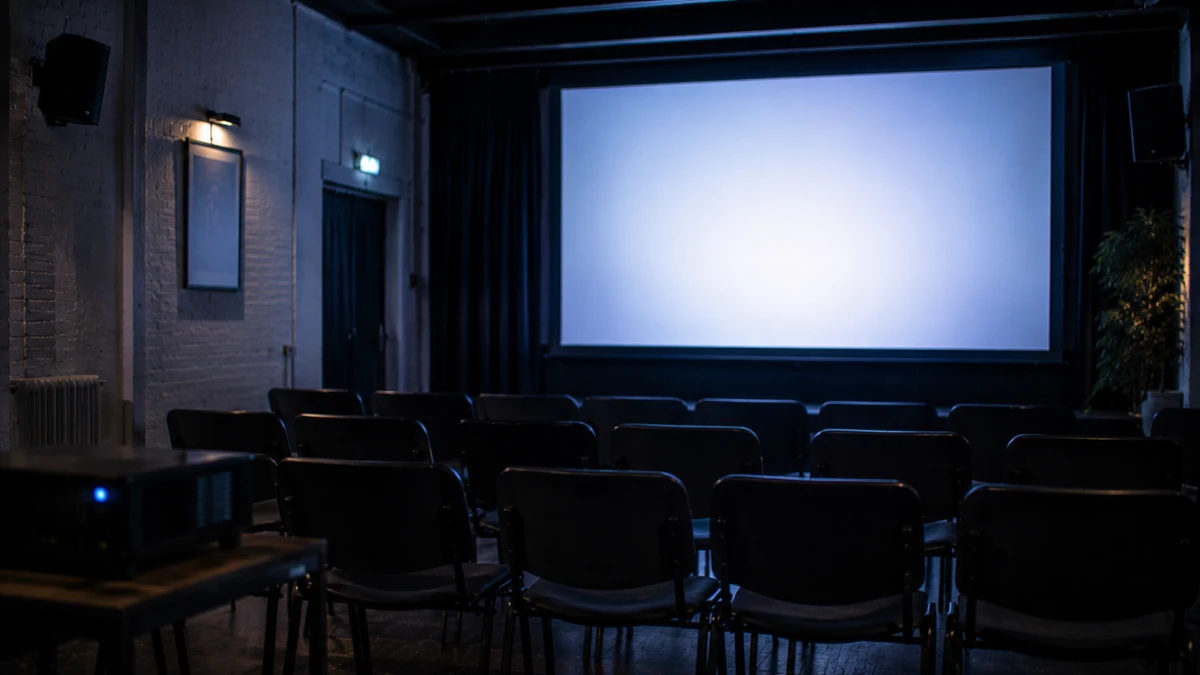 Symbolisches Event-Visual für Filmvorführung oder Kinoabend mit ruhiger Projektions- und Publikumsatmosphäre.