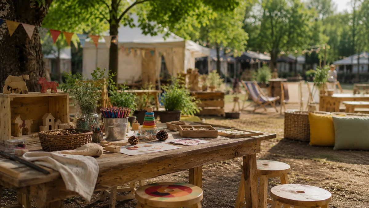 Symbolisches Familien- und Kinderangebot-Visual mit Basteltisch, Buntstiften, Holzspielzeug und ruhiger Outdoor-Mitmachatmosphäre.