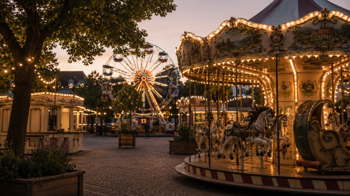 Symbolisches Event-Visual für Kirmes und Volksfest mit Fahrgeschäfts- und Lichterstimmung ohne erkennbare Personen im Fokus.