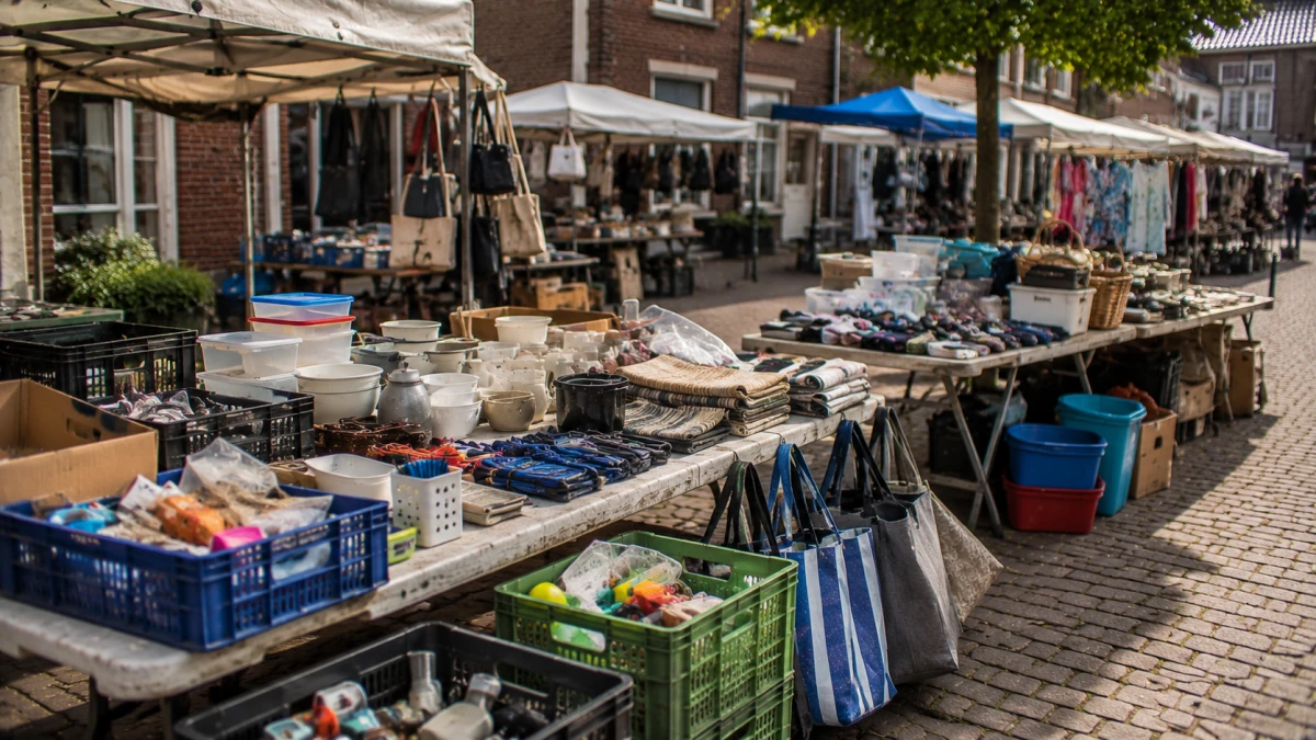 Symbolisches Event-Visual für Marktstände und lokalen Markt mit Ständen, Waren und ruhiger öffentlicher Atmosphäre.