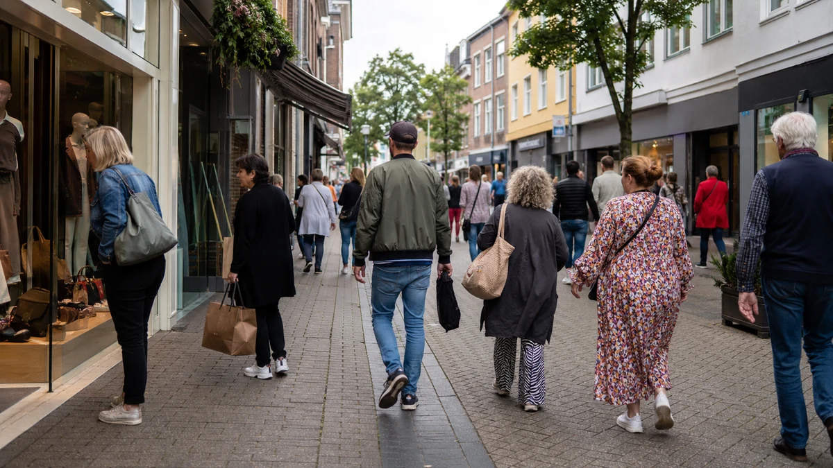 Symbolisches Innenstadt-Visual für verkaufsoffenen Sonntag mit Besucherinnen und Besuchern in einer kleinstädtischen Einkaufsstraße.