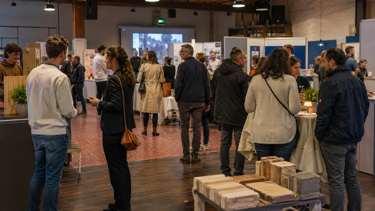 Symbolisches Event-Visual für regionale Unternehmermesse mit neutralen Messeständen, Gesprächen und gemischtem erwachsenen Publikum.