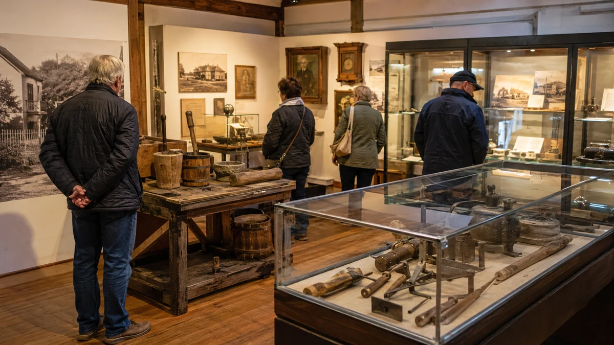 Symbolisches Event-Visual für regionale Geschichts- oder Museumsausstellung mit Exponaten und Besucherinnen und Besuchern.