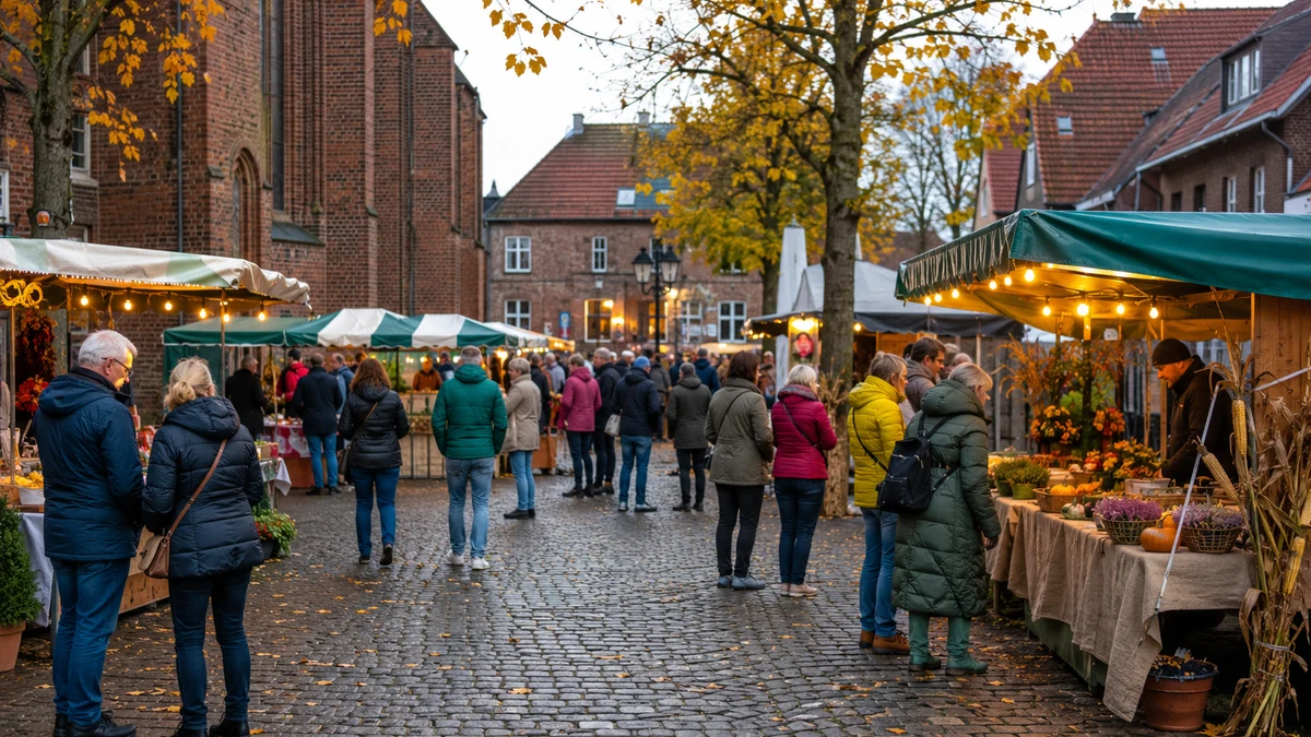 Symbolisches Event-Visual für herbstlichen Martinsmarkt mit Marktständen, warmem Licht und regionaler Abendstimmung.