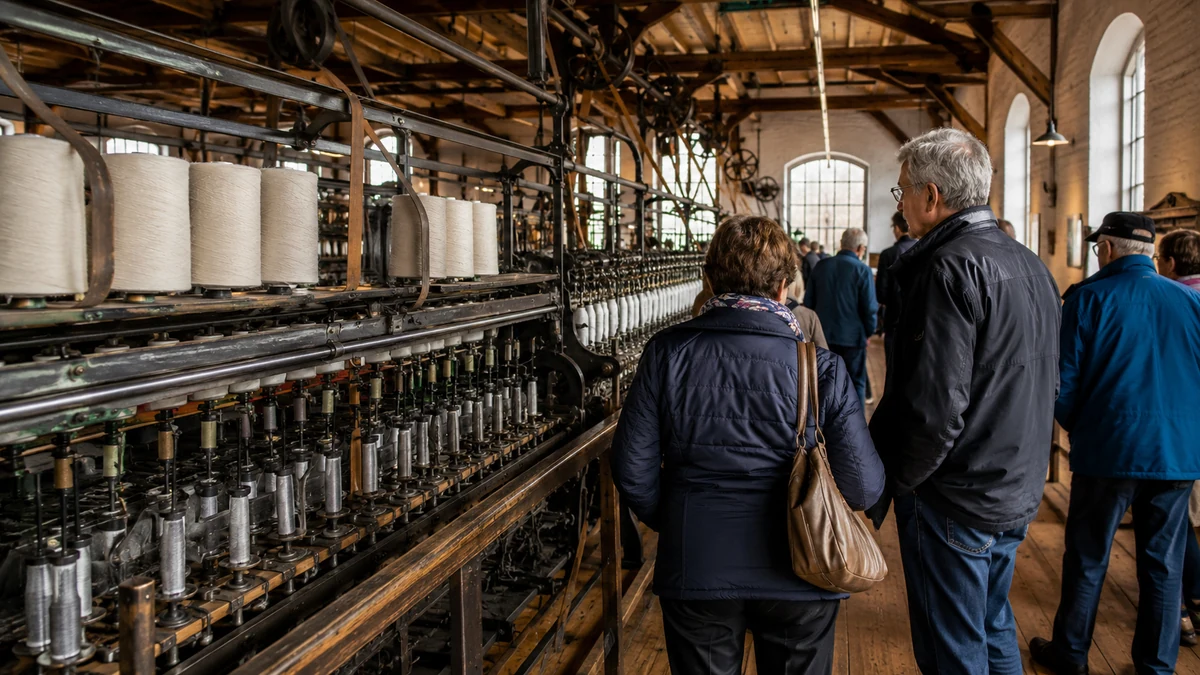 Symbolisches Event-Visual für historische Spinnerei-Führung mit Spinnmaschinen und Besuchergruppe in regionaler Industriekultur-Atmosphäre.