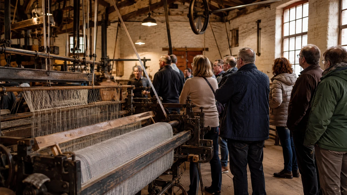 Symbolisches Event-Visual für historische Weberei-Führung mit Webstuhl, Maschinen und Besuchergruppe in regionaler Industriekultur-Atmosphäre.