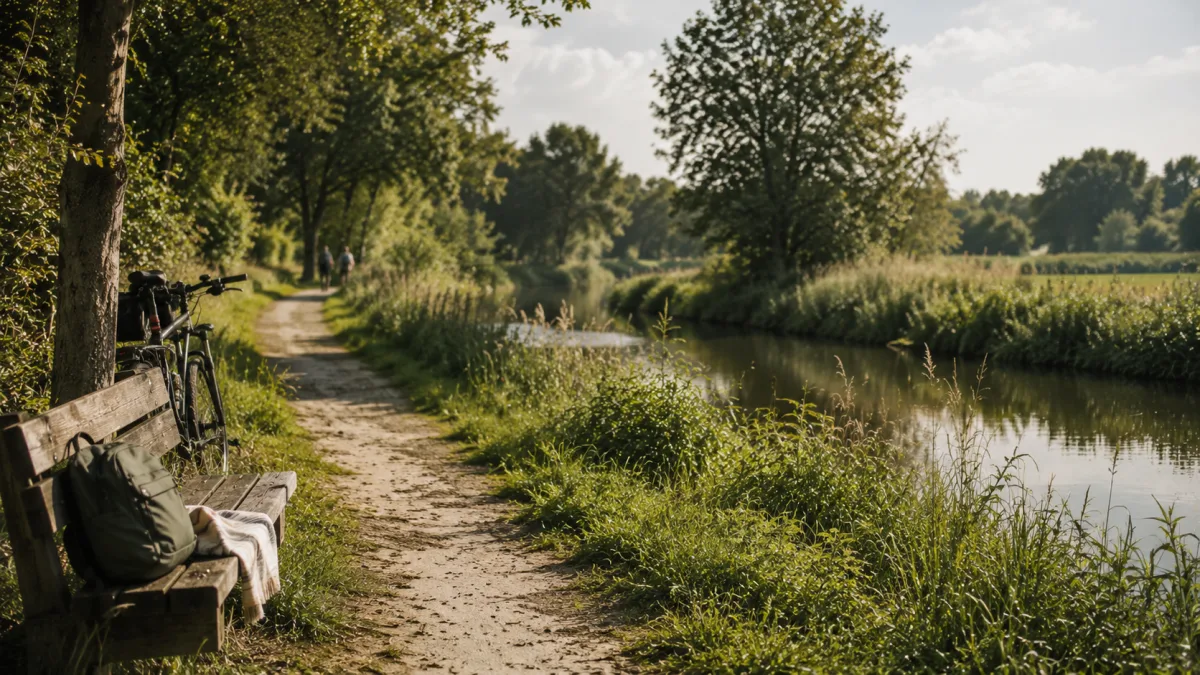 Symbolisches Natur-Visual mit ruhigem Weg, Wasserlauf, Ufergrün und regional plausibler Park- oder Waldkante.