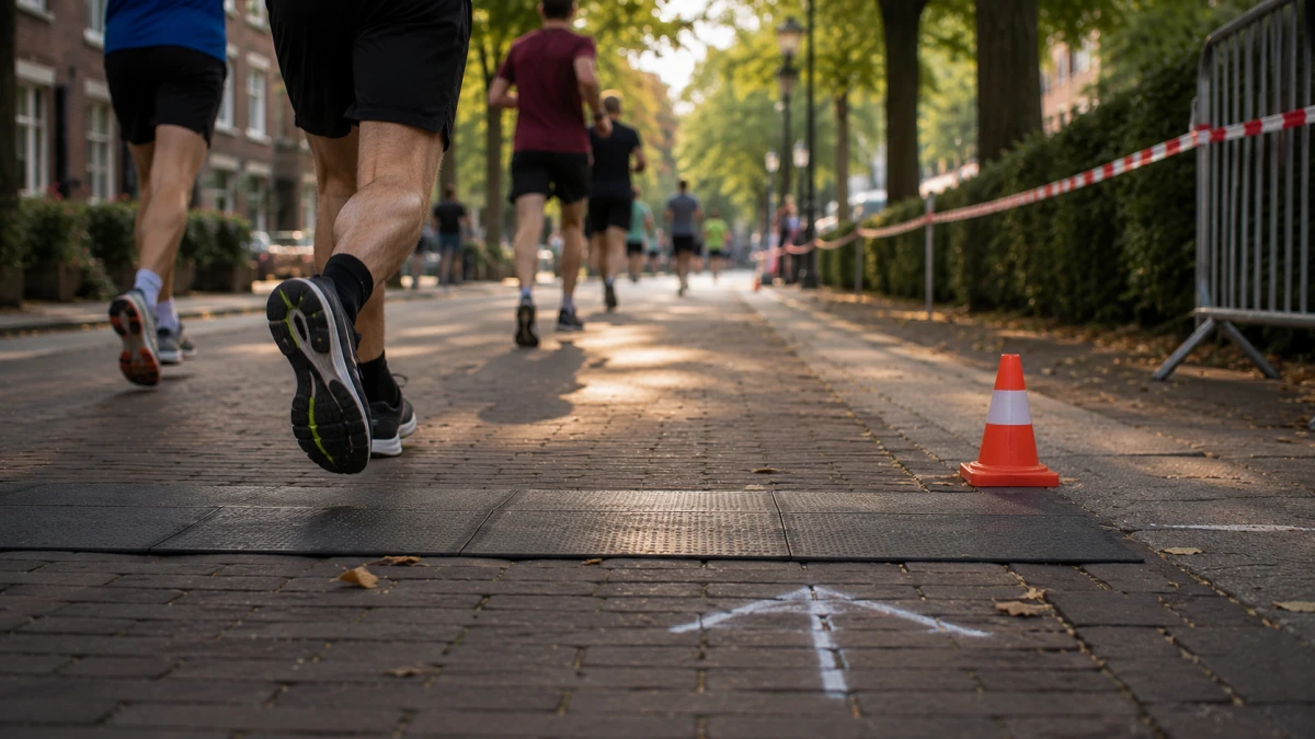 Symbolisches Event-Visual für Laufveranstaltung mit anonymer Laufbewegung, Strecke und lokaler Sportatmosphäre.